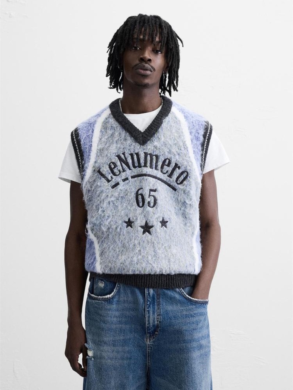 Zara Men's Light Blue & Black Fuzzy Knit Vest - 'LeNumero 65'